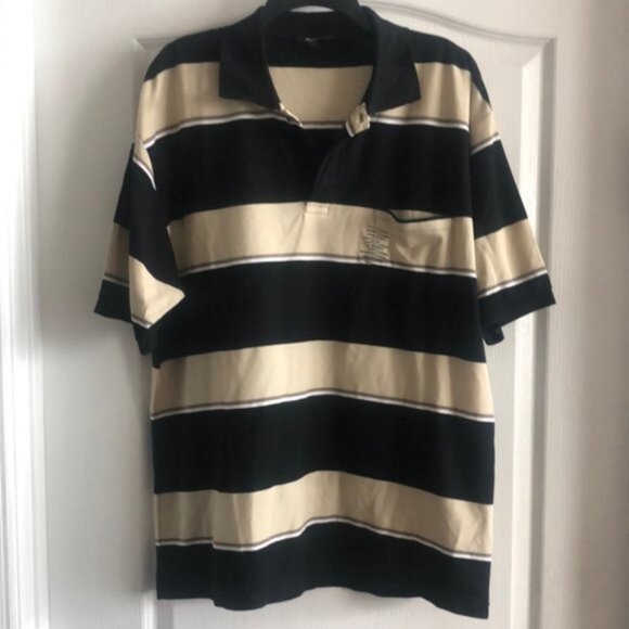 Mayer Basic Black Beige Stripe Polo Shirt For Men 3 button One Pocket XXL - Picture 2 of 7